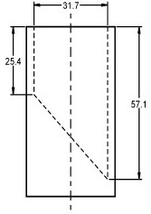 Illustration depicting measurements for a small parts cylinder. The small parts cylinder is a hollow cylinder with an inner diameter of 31.7 mm. A plate (or similar device) is placed inside the cylinder at a 45 degree angle such that the minimum depth of the cylinder is 25.4 mm and the maximum depth of the cylinder is 57.1 mm. No specifications are provided for the wall or floor thickness of the cylinder.