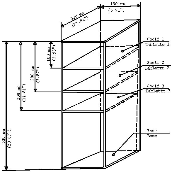 Illustration depicting specifications and measurements for a stability test device for playpens. The device is shaped like a bookshelf with a base, three shelves and a top. It is 530 mm tall, 300 mm long and 150 mm deep. The bottom shelf (not the base, but the 1st shelf from the bottom) is 300 mm from the top. The 2nd shelf is 200 mm from the top. The 3rd and last shelf is 100 mm from the top. Each of the three shelves is made to have a mass of 6.75 kg (14.91 lb), with the total device weighing 23 kg (51.6 lbs).