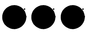 Group of three solid circles of equal size aligned horizontally. Each circle has a small asterisk near the top right side to signify the label of the note bright orange circle on white ground.
