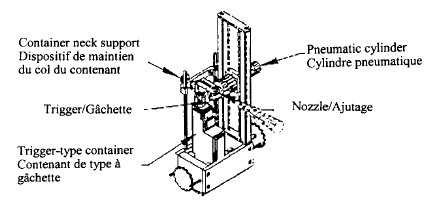 Illustration depicting specifications for holding apparatus for a trigger-type container. Isometric view. The relative positions of the container neck support, trigger, trigger-type container and nozzle are shown. A pneumatic cylinder is mounted on a sliding rail and exerts a force on the ‘trigger’ of a pump-spray container. The rest of the container is held in place by a rear-mounted container neck support and base support.