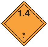 Carré orange reposant sur une pointe avec en noir : un trait à l’intérieur du pourtour, le chiffre « 1.4 » dans le coin supérieur et le chiffre « 1 » dans le coin inférieur avec au-dessus, un astérisque centré.