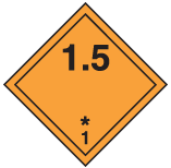 Carré orange reposant sur une pointe avec en noir : un trait à l’intérieur du pourtour, le chiffre « 1.5 » dans le coin supérieur, le chiffre « 1 » dans le coin inférieur avec au-dessus, un astérisque centré.