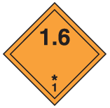 Carré orange reposant sur une pointe avec en noir : un trait à l’intérieur du pourtour, le chiffre « 1.6 » dans le coin supérieur et le chiffre « 1 » dans le coin inférieur avec au-dessus, un astérisque centré.