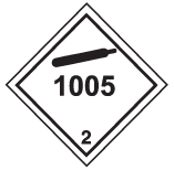Carré blanc reposant sur une pointe avec en noir : un trait à l’intérieur du pourtour, le symbole d’une bouteille à gaz dans le coin supérieur, au centre le chiffre « 1005 » et le chiffre « 2 » dans le coin inférieur.