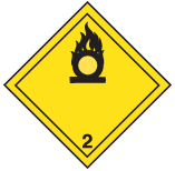 Yellow square on point, with in black: a line inside the edge, black flame over a circle (Flaming “O”) symbol in the top corner and number “2” in the bottom corner.
