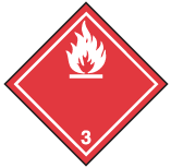 Carré rouge reposant sur une pointe avec en blanc : un trait à l’intérieur du pourtour, le symbole représentant des flammes dans le coin supérieur et le chiffre « 3 » dans le coin inférieur.