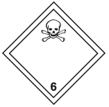 White square on point, with in black: a line inside the edge, a skull and crossbones symbol in the top corner and the number “6” in the bottom corner.