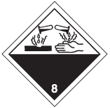 Square on point, presenting a black line inside the edge. The upper part is white, presenting liquid spilling from two glass vessels and attacking a hand and a metal bar symbol. The lower part is black, excluding the border, presenting the number “8” in white in the bottom corner.