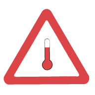 Equilateral triangle, presenting a red thermometer in the center, on white background and red borders.
