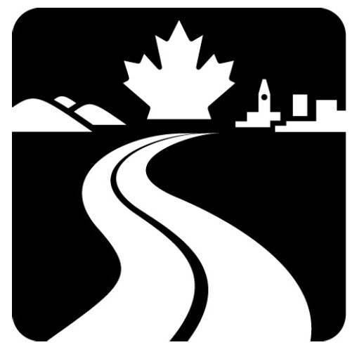 Pictogram showing a pathway leading to a maple leaf on the horizon flanked by hills on the left side and the Parliament building and other buildings on the right side.