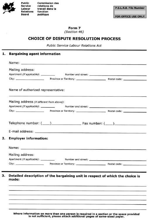 Form 7 (Section 46) Choice of Dispute Resolution Process