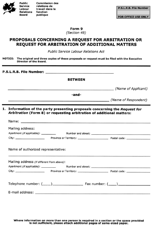 Form 9 (Section 48) Proposals Concerning a Request for Arbitration or Request for Arbitration of Additional Matters
