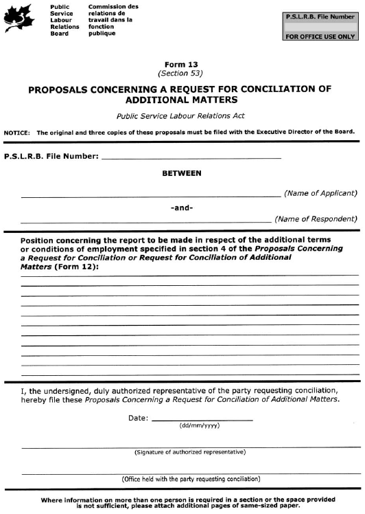 Form 13 (Section 53) Proposals Concerning a Request for Conciliation of Additional Matters