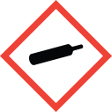 The image of a long black gas cylinder with a short neck and that is leaning toward the right, almost horizontally. This symbol is used to warn about the presence of a compressed gas hazard. The image is set inside a red square set on a point.