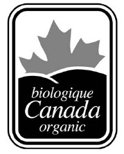 Four-sided logo with rounded corners and outer and inner borders. Within the inner border, the top half of a maple leaf is shown above two hills with the text biologique Canada organic below.