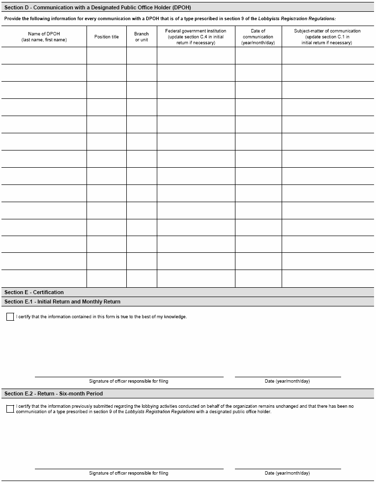 Continued Form 3 Return for In-house Lobbyists (Organization) - In-house Lobbyists (Organization) Registration Form