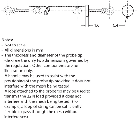 Illustration depicting specifications and measurements of the probe for the test for determination of mesh opening sizes for cribs, cradles and bassinets. The probe is a cylindrical rod with a 1.6 mm thick-disc at one end having a diameter of 6.4 mm, and an attachment point at the other end (such as a loop) onto which a mass or instrument can be attached.