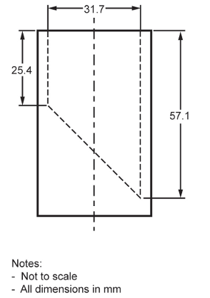 Illustration of measurements for a small parts cylinder. The small parts cylinder is a hollow cylinder with an inner diameter of 31.7 mm. A plate (or similar device) is placed inside the cylinder at a 45 degree angle such that the minimum depth of the cylinder is 25.4 mm and the maximum depth of the cylinder is 57.1 mm. No specifications are provided for the wall or floor thickness of the cylinder.