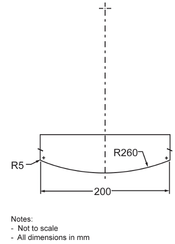 Illustration depicting specifications and measurements of test load for the test for structural integrity for cribs. The test load is cylindrical, with a 200 mm diameter. Its bottom surface is convex, with a radius of curvature of 260 mm, and with cambered edges of 5 mm radius.