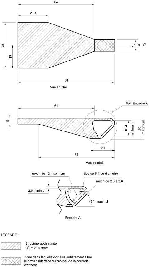 Diagramme d’un profil d’interface du crochet de la courroie d’attache avec des mesures et des spécifications.