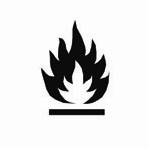 The image of a flame with a thick black edge and the middle of the image, also in the shape of a flame, is white. This image rests above a horizontal black line of the same width as the black contour of the flame. This symbol is used to warn about the presence of a flammability hazard.