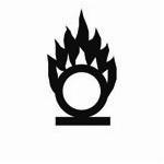 The image of a black flame with, at its base, five little white flames. This image rests along the contour of the upper half of a black ring with a white centre, the bottom of which rests on a horizontal black line of the same width as the ring diameter. This symbol is used to warn about the presence of an oxidizing hazard.