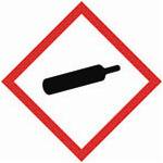 A red square, set on one of its points, outlined on a white background, symbolizing danger. It contains, inside its perimeter, the image of a long black gas cylinder with a short neck and that is leaning toward the right, almost horizontally. This pictogram is used to warn about the presence of a compressed gas hazard.