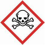 A red square, set on one of its points, outlined on a white background, symbolizing danger. It contains, inside its perimeter, the black outline of a skull with a white background and black eyes and nose, over two crossed bones depicted by black outlines on white backgrounds. This pictogram is used to warn about the presence of an acute toxicity hazard.