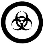 A circle with a black outline on a white background, symbolizing danger. It contains, inside its perimeter, the image of a small black ring over which there are three large black crescents attached together by the middle of their closed sides, with a small white circle in the middle. This pictogram is used to warn about the presence of an infectious or biological hazard.