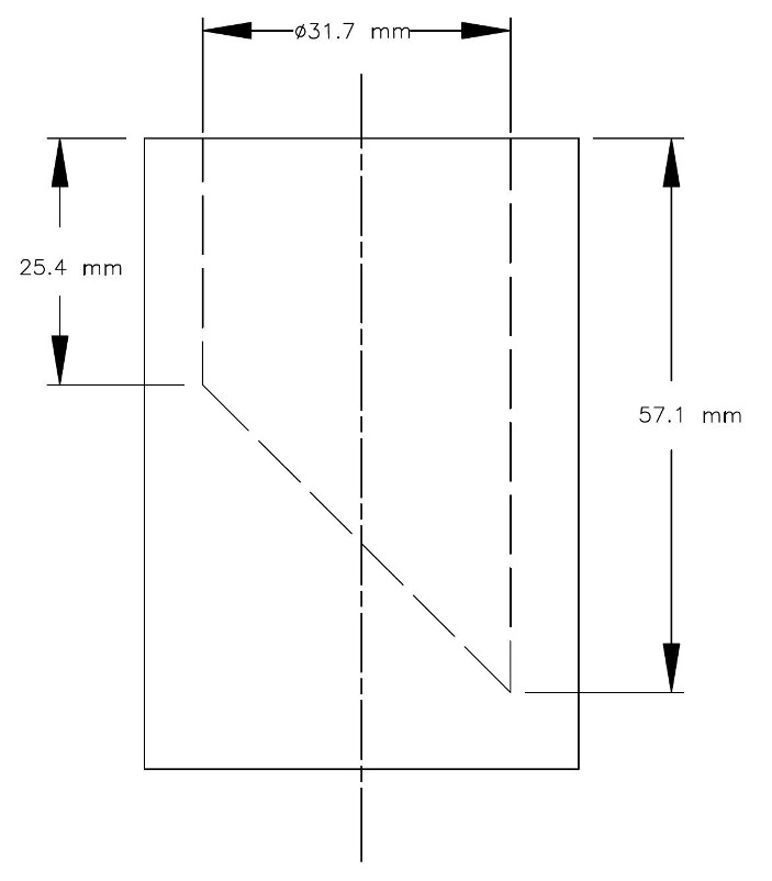 A sectional view of the small parts cylinder which is a hollow cylinder with an inner diameter of 31.7 mm. The inner base of the cylinder is diagonal at a 45° angle so that the minimum depth of the cylinder is 25.4 mm and the maximum depth of the cylinder is 57.1 mm.