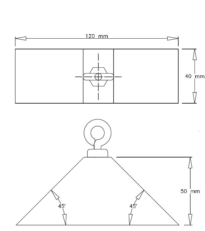The loading wedge is in the shape of a trapezoidal prism. The trapezoidal face has the following measurements: a base of 120 mm and a height of 50 mm and both of the base angles are 45 degrees. The depth of the prism is 40 mm. A closed eyebolt rises from the top of the prism.