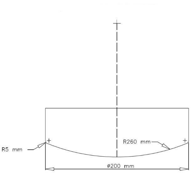 The test load is cylindrical and has a diameter of 200 mm. Its bottom surface is convex, with a radius of curvature of 260 mm, and its edges are cambered, with radii of 5 mm.