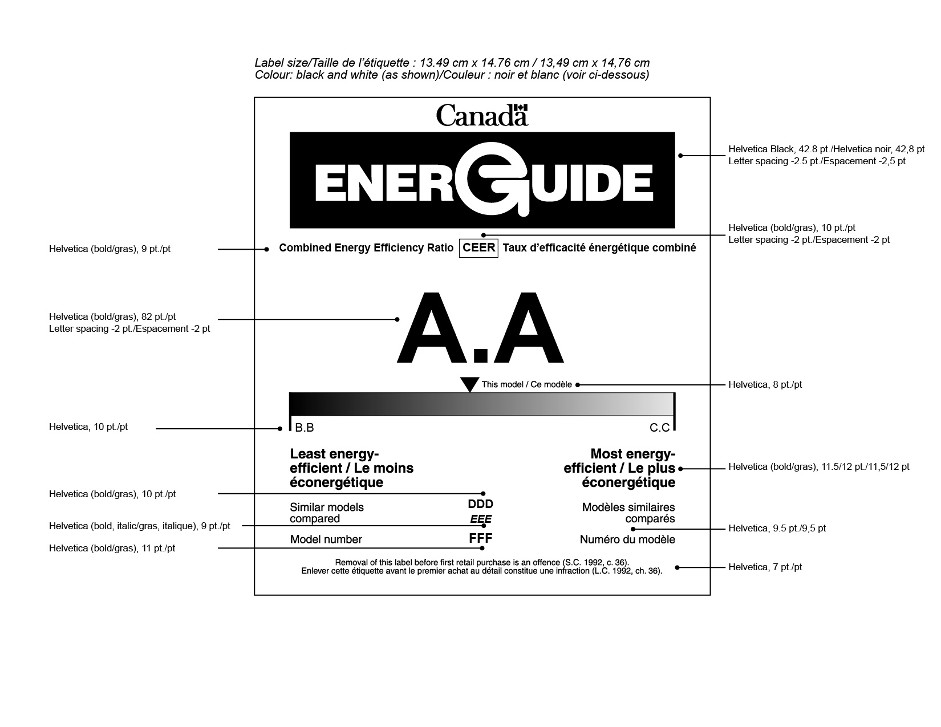 The graphic depicts the form of the bilingual EnerGuide label for a room air conditioner manufactured on or after June 1, 2014 and provides the external dimensions of the label and the font types and sizes. The exterior dimensions of the label are 13.49 cm by 14.76 cm. The colour of the label is black and white. The font and size requirements of the elements of the graphic, from top to bottom, are the following: The EnerGuide logo is in 42.8 pt. Helvetica black, with -2.5 pt. letter spacing. The heading “Combined Energy Efficiency Ratio” is in 9 pt. Helvetica bold. The acronym “CEER” is located immediately beside that heading, is boxed and is in 10 pt. Helvetica bold, with -2 pt. letter spacing. The value “A.A” is in 82 pt. Helvetica bold, with -2 pt. letter spacing. The words “This model”, which appear next to the combined energy ratio indicator, are in 8 pt. Helvetica. The values “B.B” and “C.C” are in 10 pt. Helvetica. The headings “Least energy-efficient” and “Most energy-efficient” are in 11.5/12 pt. Helvetica bold. The headings “Similar models compared” and “Model number” are in 9.5 pt. Helvetica. The value “DDD” is in 10 pt. Helvetica bold. The value “EEE” is in 9 pt. Helvetica bold italic. The value “FFF” is in 11 pt. Helvetica bold. The offence reminder statement is in 7 pt. Helvetica.