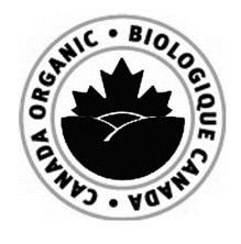 Circular product legend with an outer and inner border. The text “BIOLOGIQUE CANADA CANADA ORGANIC” is written between the borders and follows their contours. Inside the circle that is created by the inner border there is a picture of the top half of a maple leaf above three hills.