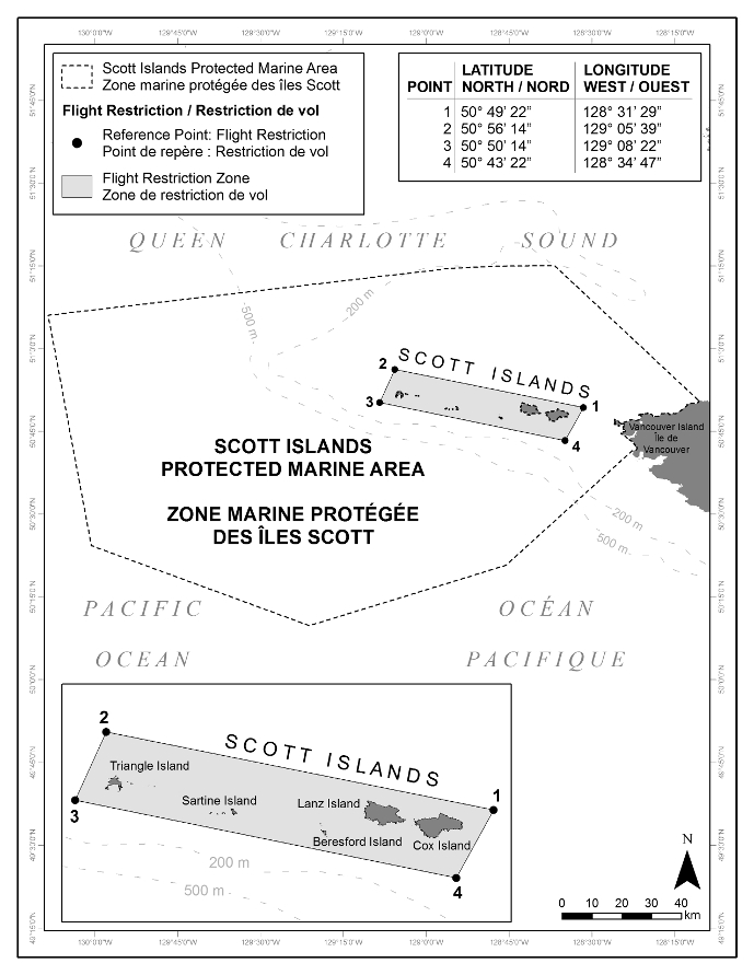 The schedule is a map depicting the location of the flight restriction zone within the Scott Islands Protected Marine Area. The map includes three tables, the first is the legend, the second provides the geographical coordinates of the flight restriction zone, and the third situates the flight restriction zone at a larger scale.