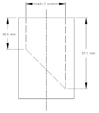 A sectional view of the small parts cylinder which is a hollow cylinder with an inner diameter of 31.7 mm. The inner base of the cylinder is diagonal at a 45° angle so that the minimum depth of the cylinder is 25.4 mm and the maximum depth of the cylinder is 57.1 mm.