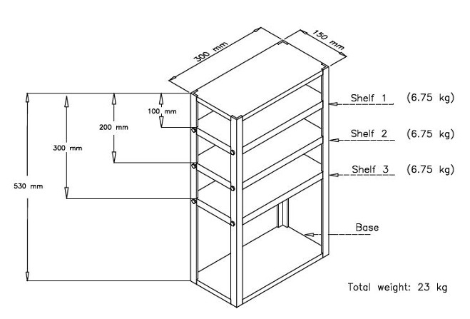 The device is shaped like a bookshelf with a base, three shelves and a top. It is 530 mm tall, 300 mm long and 150 mm deep. The upper surface of the first shelf is 100 mm from the top of the device. The upper surface of the second shelf is 200 mm from the top of the device. The upper surface of the third shelf is 300 mm from the top of the device. Each of the three shelves has a mass of 6.75 kg, with the total device having a mass of 23 kg.