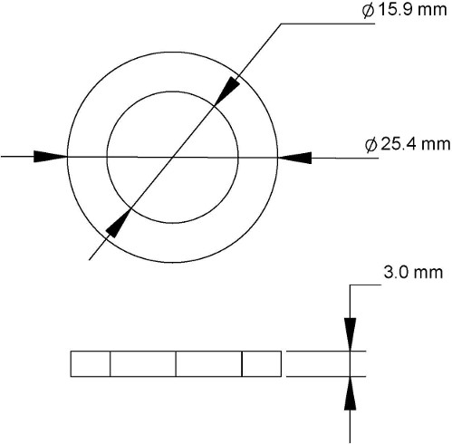 The ring gauge is a washer whose interior surface has a diameter of 15.9 mm, whose exterior surface has a diameter of 25.4 mm and whose thickness is 3.0 mm.