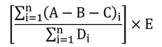 Le quotient dont le numérateur est la somme de la soustraction de A par B et par C pour chaque année de référence « i », et le dénominateur est la somme de Di pour chaque année de référence « i », et ensuite multipliée par E