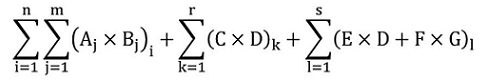 La somme des produits obtenus par la multiplication de Aj par Bj pour chaque des activités industrielles prévues aux alinéas 38a) à c) de l’annexe 1 « j », additionnée pour chaque groupe « i » dans l’installation, additionnée à la somme des produits obtenus par la multiplication de C par D, additionnée pour chaque groupe « k » dans l’installation, additionnée à la somme des produits obtenus par la multiplication de E par D additionné à la somme des produits obtenus par la multiplication de F par G, additionnée pour chaque groupe « l » dans l’installation