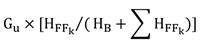 Gu est multiplié par le quotient dont le numérateur est HFFk et le dénominateur est HB additionné à la somme des produits de HFFk pour chaque combustible gazeux, liquide et solide « k »