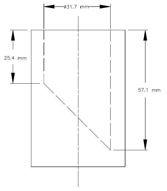 A sectional view of the small parts cylinder, which is a hollow cylinder with an inner diameter of 31.7 mm. The inner base of the cylinder is diagonal at a 45° angle so that the minimum depth of the cylinder is 25.4 mm and the maximum depth of the cylinder is 57.1 mm.