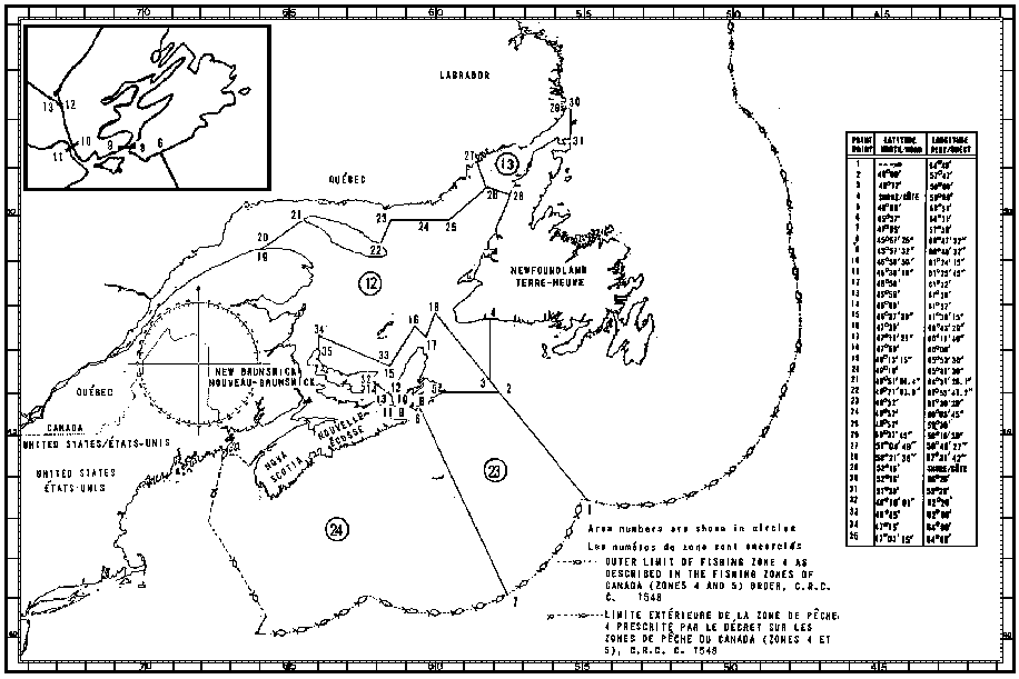 Map of Crab Fishing Areas with latitude and longitude coordinates for thirty-five points outlining the areas