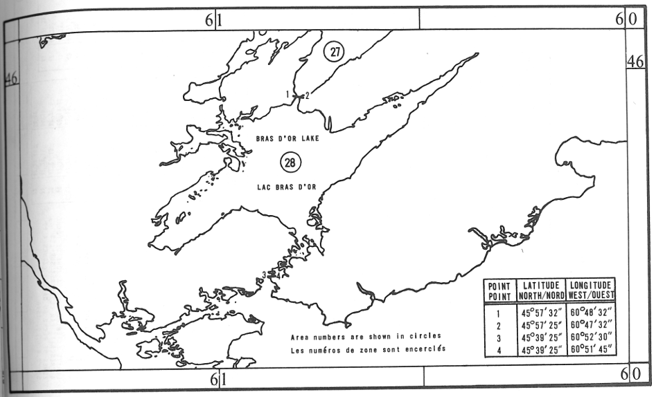Map of Lobster Fishing Areas with latitude and longitude coordinates for four points outlining the areas
