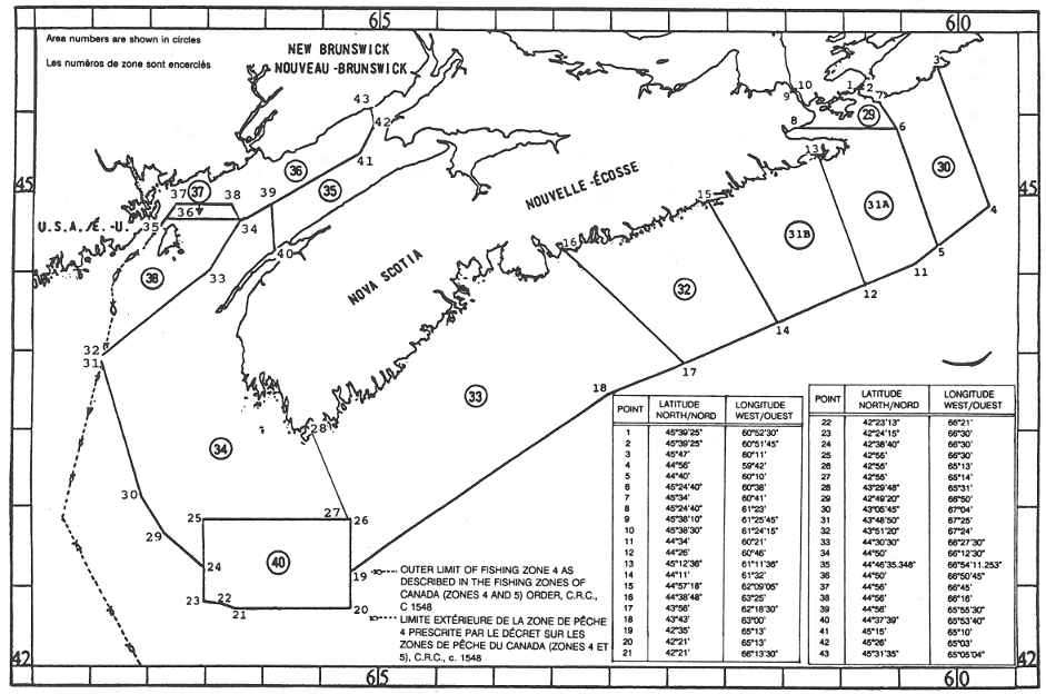Map of Lobster Fishing Areas with latitude and longitude coordinates for forty-three points outlining the areas