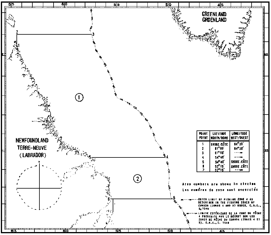 Map of Scallop Fishing Areas with latitude and longitude coordinates for seven points outlining the areas