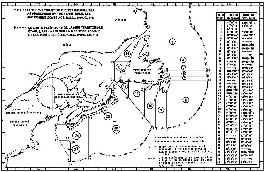 Map of Scallop Fishing Areas with latitude and longitude coordinates for forty-four points outlining the areas