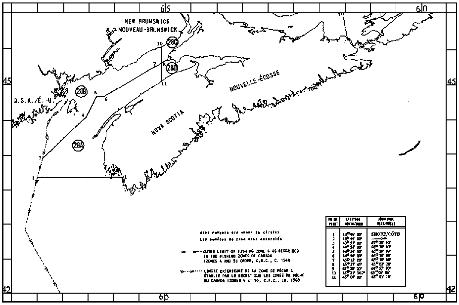 Map of Scallop Fishing Areas with latitude and longitude coordinates for eleven points outlining the areas