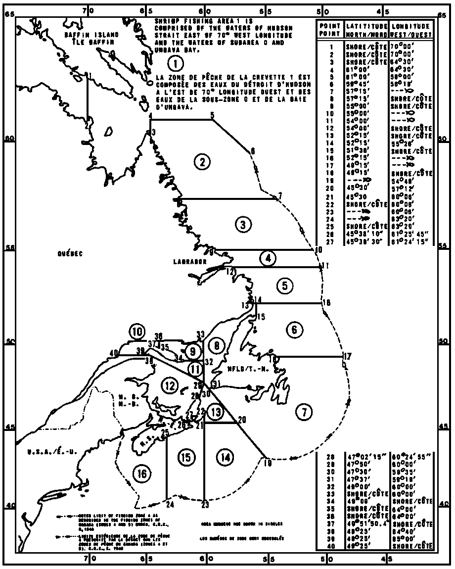 Map of Shrimp Fishing Areas with latitude and longitude coordinates for forty points outlining the areas