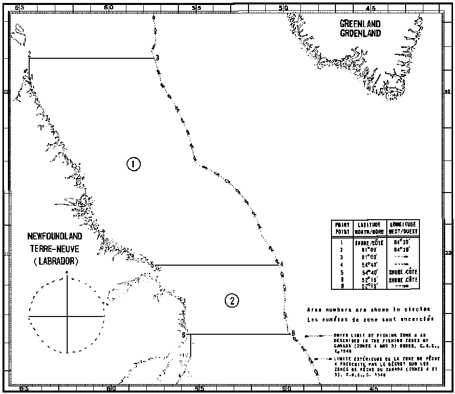 Map of Squid Fishing Areas with latitude and longitude coordinates for seven points outlining the areas